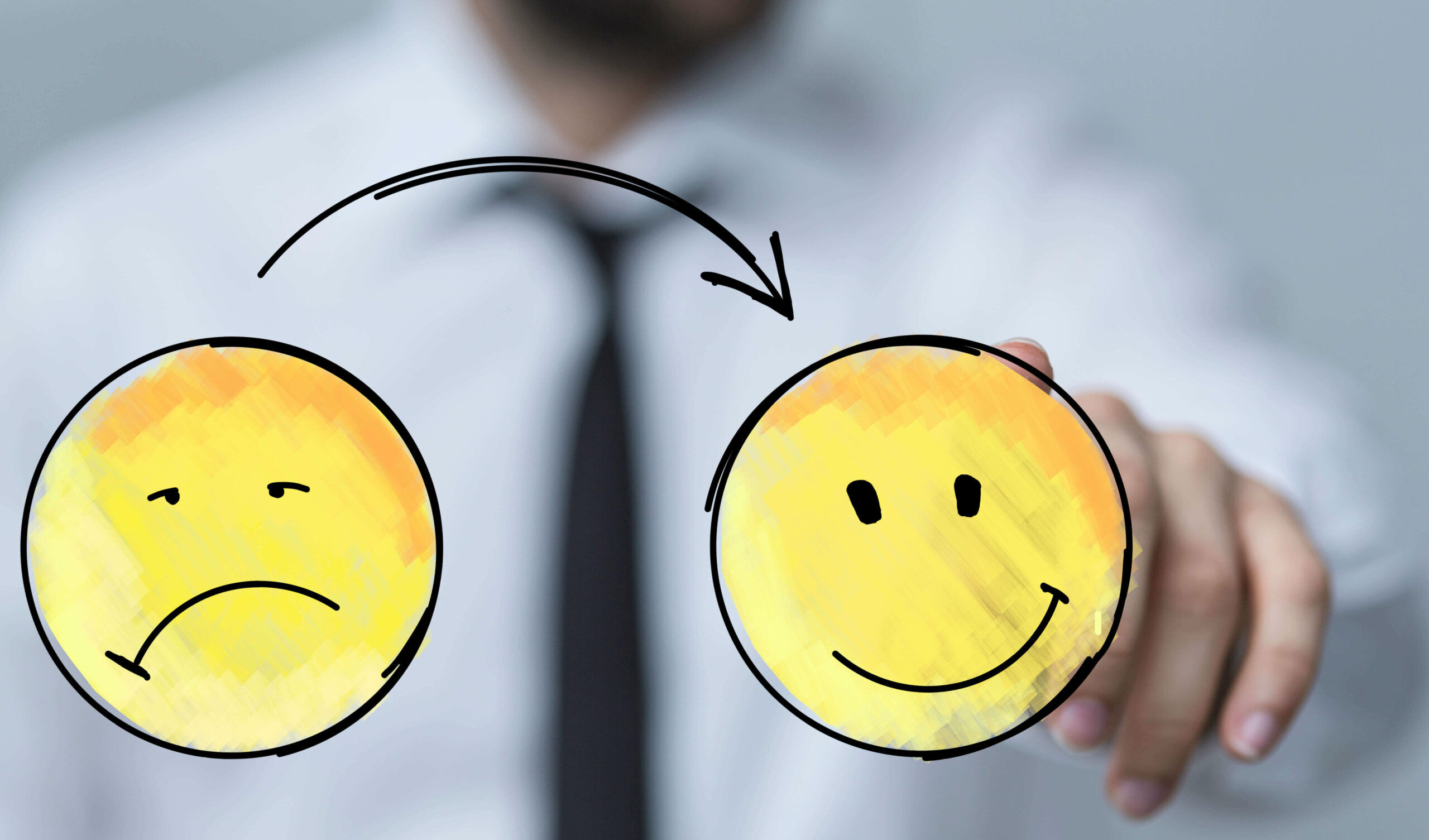 Ein gelber Smiley welcher von traurig zu glücklich wird