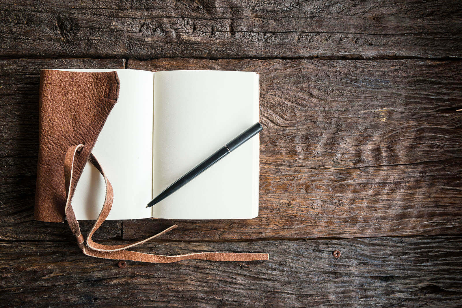 AdobeStock_136634509-1 Kleines, aufgeschlagenes und unbeschriftetes Notizbuch mit Lederumschlag auf einem alten Holztisch