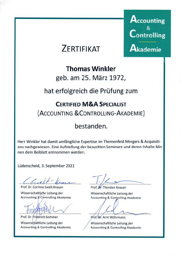 Zertifikat M&A Specialist Thomas Winkler (deutsch)