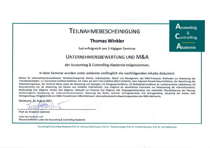 Zertifikat Unternehmensbewertung und M&A Thomas Winkler